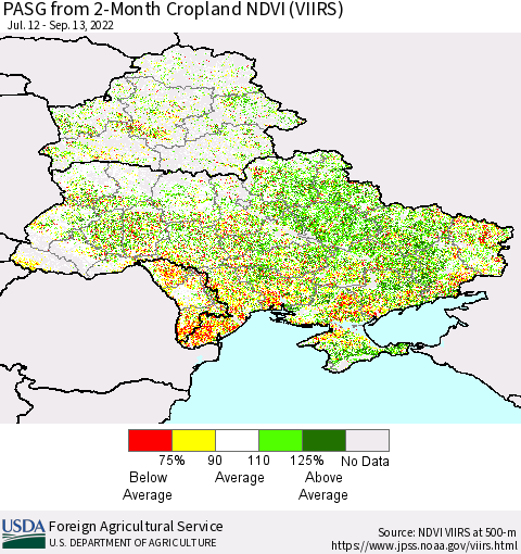 Ukraine, Moldova and Belarus PASG from 2-Month Cropland NDVI (VIIRS) Thematic Map For 9/11/2022 - 9/20/2022