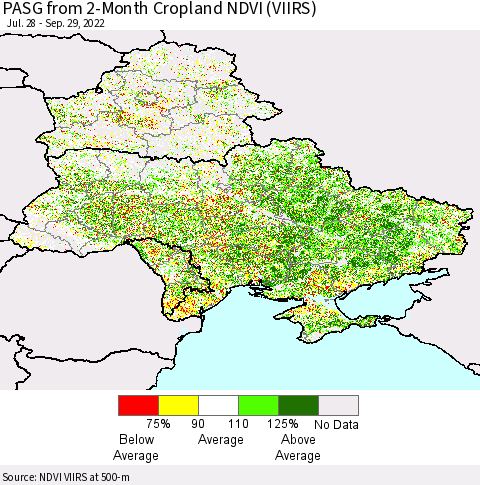 Ukraine, Moldova and Belarus PASG from 2-Month Cropland NDVI (VIIRS) Thematic Map For 9/22/2022 - 9/29/2022