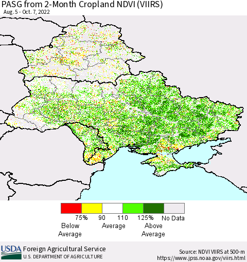 Ukraine, Moldova and Belarus PASG from 2-Month Cropland NDVI (VIIRS) Thematic Map For 10/1/2022 - 10/10/2022