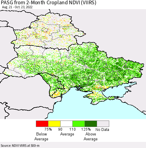Ukraine, Moldova and Belarus PASG from 2-Month Cropland NDVI (VIIRS) Thematic Map For 10/16/2022 - 10/23/2022