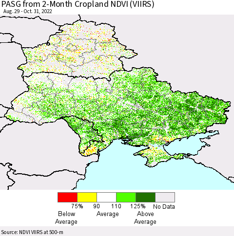 Ukraine, Moldova and Belarus PASG from 2-Month Cropland NDVI (VIIRS) Thematic Map For 10/24/2022 - 10/31/2022