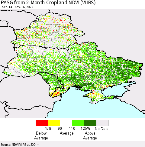 Ukraine, Moldova and Belarus PASG from 2-Month Cropland NDVI (VIIRS) Thematic Map For 11/9/2022 - 11/16/2022
