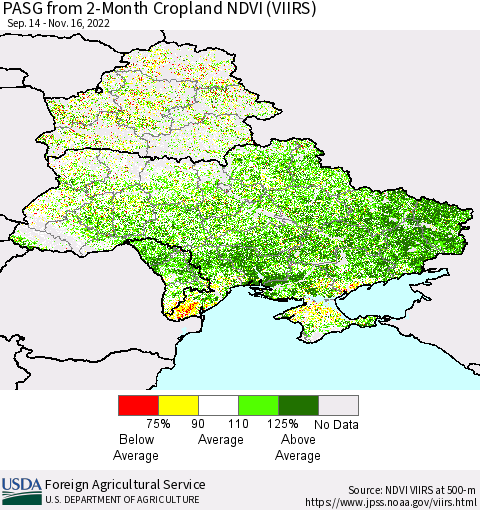 Ukraine, Moldova and Belarus PASG from 2-Month Cropland NDVI (VIIRS) Thematic Map For 11/11/2022 - 11/20/2022