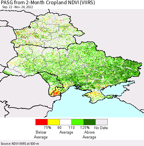 Ukraine, Moldova and Belarus PASG from 2-Month Cropland NDVI (VIIRS) Thematic Map For 11/17/2022 - 11/24/2022