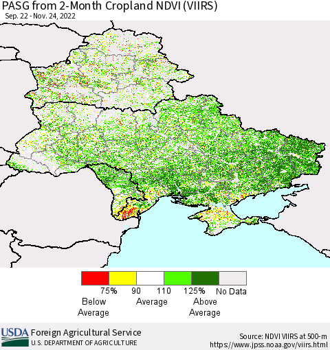 Ukraine, Moldova and Belarus PASG from 2-Month Cropland NDVI (VIIRS) Thematic Map For 11/21/2022 - 11/30/2022