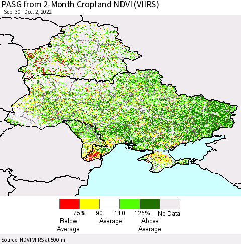Ukraine, Moldova and Belarus PASG from 2-Month Cropland NDVI (VIIRS) Thematic Map For 11/25/2022 - 12/2/2022