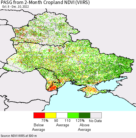 Ukraine, Moldova and Belarus PASG from 2-Month Cropland NDVI (VIIRS) Thematic Map For 12/3/2022 - 12/10/2022