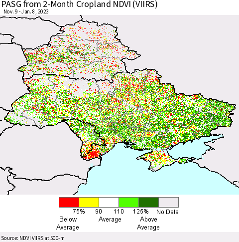Ukraine, Moldova and Belarus PASG from 2-Month Cropland NDVI (VIIRS) Thematic Map For 1/1/2023 - 1/8/2023