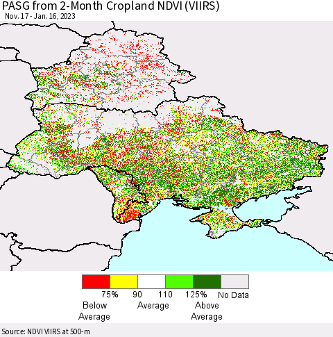 Ukraine, Moldova and Belarus PASG from 2-Month Cropland NDVI (VIIRS) Thematic Map For 1/9/2023 - 1/16/2023