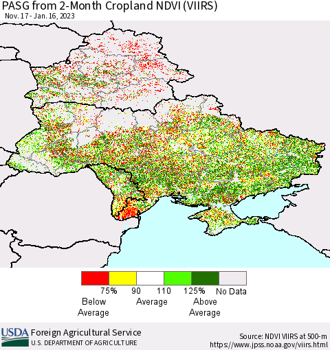 Ukraine, Moldova and Belarus PASG from 2-Month Cropland NDVI (VIIRS) Thematic Map For 1/11/2023 - 1/20/2023