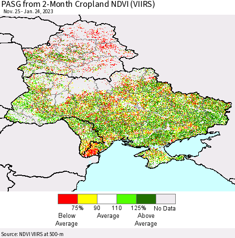 Ukraine, Moldova and Belarus PASG from 2-Month Cropland NDVI (VIIRS) Thematic Map For 1/17/2023 - 1/24/2023