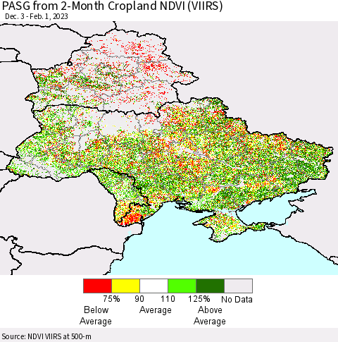 Ukraine, Moldova and Belarus PASG from 2-Month Cropland NDVI (VIIRS) Thematic Map For 1/25/2023 - 2/1/2023