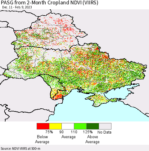 Ukraine, Moldova and Belarus PASG from 2-Month Cropland NDVI (VIIRS) Thematic Map For 2/2/2023 - 2/9/2023
