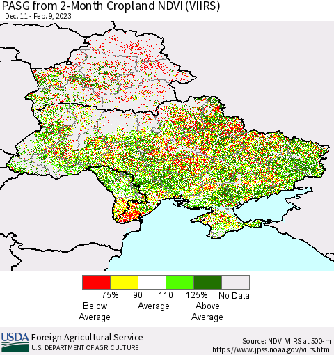 Ukraine, Moldova and Belarus PASG from 2-Month Cropland NDVI (VIIRS) Thematic Map For 2/1/2023 - 2/10/2023