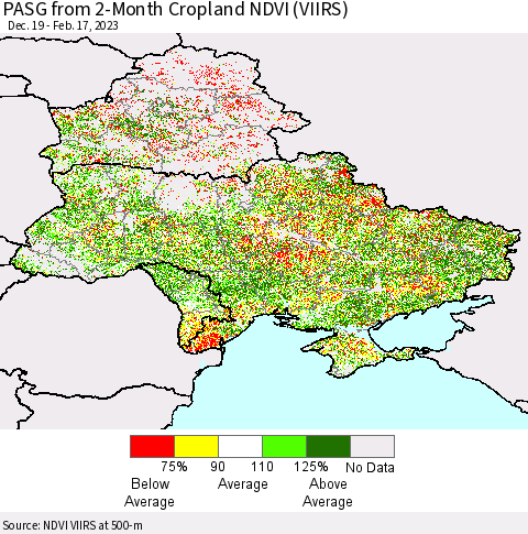 Ukraine, Moldova and Belarus PASG from 2-Month Cropland NDVI (VIIRS) Thematic Map For 2/10/2023 - 2/17/2023