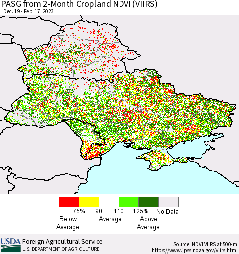 Ukraine, Moldova and Belarus PASG from 2-Month Cropland NDVI (VIIRS) Thematic Map For 2/11/2023 - 2/20/2023