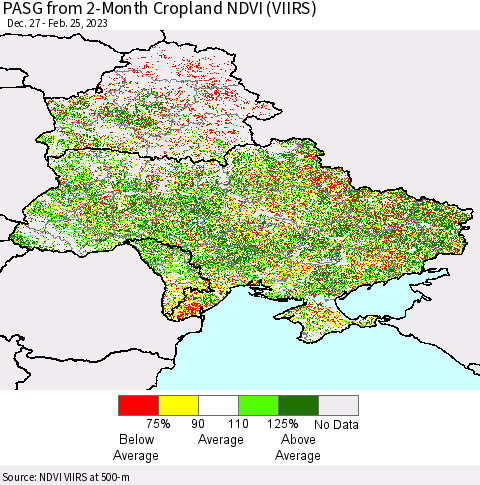 Ukraine, Moldova and Belarus PASG from 2-Month Cropland NDVI (VIIRS) Thematic Map For 2/18/2023 - 2/25/2023