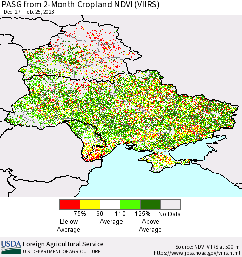 Ukraine, Moldova and Belarus PASG from 2-Month Cropland NDVI (VIIRS) Thematic Map For 2/21/2023 - 2/28/2023