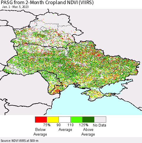 Ukraine, Moldova and Belarus PASG from 2-Month Cropland NDVI (VIIRS) Thematic Map For 2/26/2023 - 3/5/2023