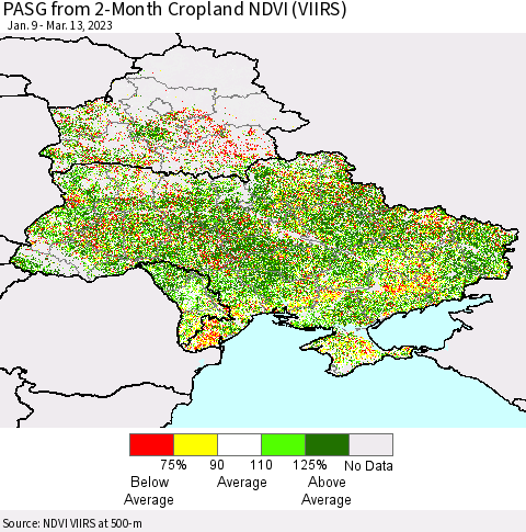 Ukraine, Moldova and Belarus PASG from 2-Month Cropland NDVI (VIIRS) Thematic Map For 3/6/2023 - 3/13/2023