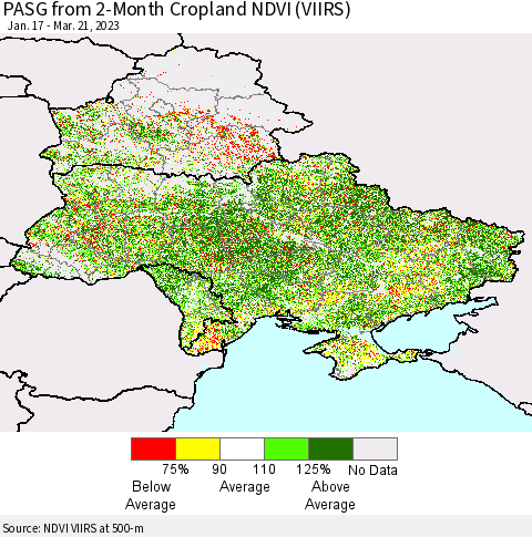Ukraine, Moldova and Belarus PASG from 2-Month Cropland NDVI (VIIRS) Thematic Map For 3/14/2023 - 3/21/2023