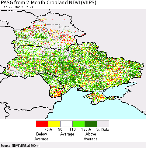 Ukraine, Moldova and Belarus PASG from 2-Month Cropland NDVI (VIIRS) Thematic Map For 3/22/2023 - 3/29/2023