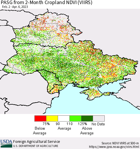 Ukraine, Moldova and Belarus PASG from 2-Month Cropland NDVI (VIIRS) Thematic Map For 4/1/2023 - 4/10/2023