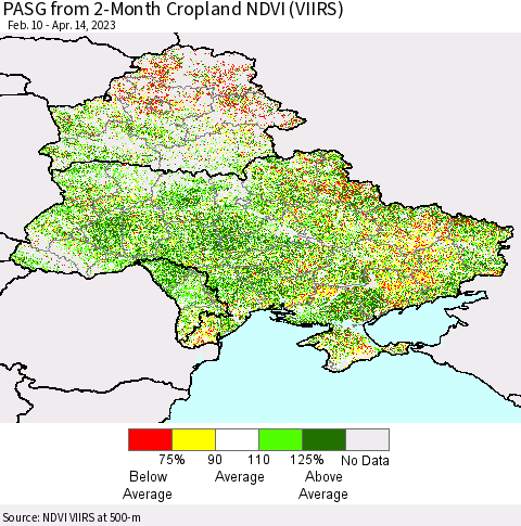 Ukraine, Moldova and Belarus PASG from 2-Month Cropland NDVI (VIIRS) Thematic Map For 4/7/2023 - 4/14/2023