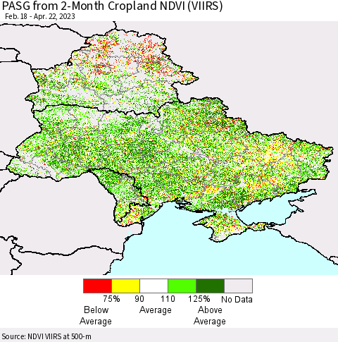 Ukraine, Moldova and Belarus PASG from 2-Month Cropland NDVI (VIIRS) Thematic Map For 4/15/2023 - 4/22/2023