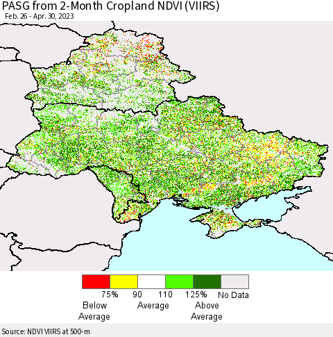 Ukraine, Moldova and Belarus PASG from 2-Month Cropland NDVI (VIIRS) Thematic Map For 4/23/2023 - 4/30/2023