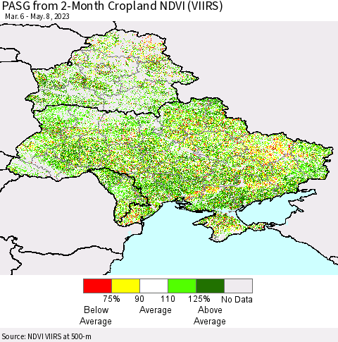 Ukraine, Moldova and Belarus PASG from 2-Month Cropland NDVI (VIIRS) Thematic Map For 5/1/2023 - 5/8/2023