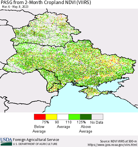 Ukraine, Moldova and Belarus PASG from 2-Month Cropland NDVI (VIIRS) Thematic Map For 5/1/2023 - 5/10/2023