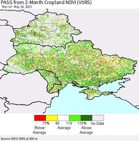 Ukraine, Moldova and Belarus PASG from 2-Month Cropland NDVI (VIIRS) Thematic Map For 5/9/2023 - 5/16/2023