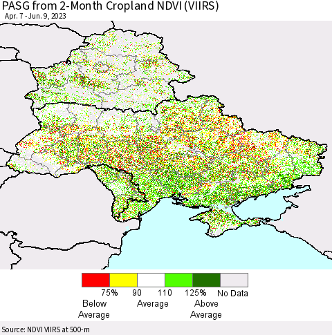 Ukraine, Moldova and Belarus PASG from 2-Month Cropland NDVI (VIIRS) Thematic Map For 6/2/2023 - 6/9/2023