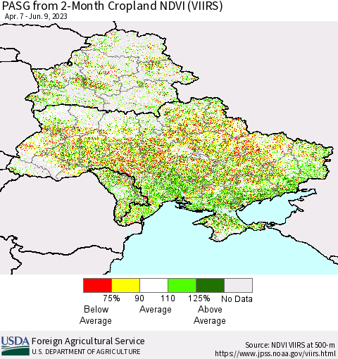 Ukraine, Moldova and Belarus PASG from 2-Month Cropland NDVI (VIIRS) Thematic Map For 6/1/2023 - 6/10/2023
