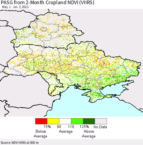 Ukraine, Moldova and Belarus PASG from 2-Month Cropland NDVI (VIIRS) Thematic Map For 6/26/2023 - 7/3/2023