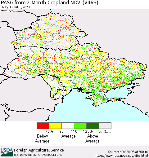 Ukraine, Moldova and Belarus PASG from 2-Month Cropland NDVI (VIIRS) Thematic Map For 7/1/2023 - 7/10/2023