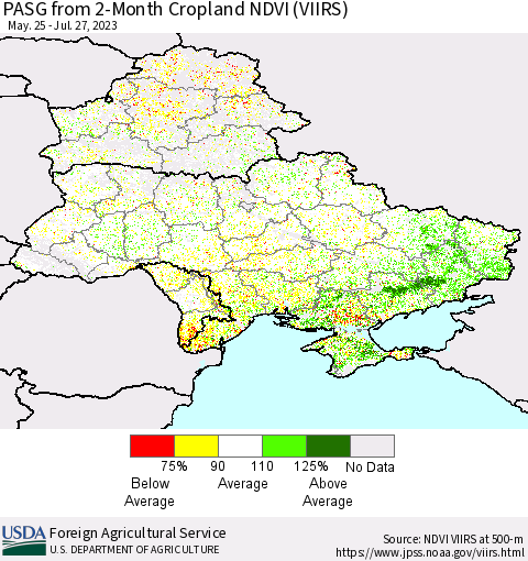 Ukraine, Moldova and Belarus PASG from 2-Month Cropland NDVI (VIIRS) Thematic Map For 7/21/2023 - 7/31/2023