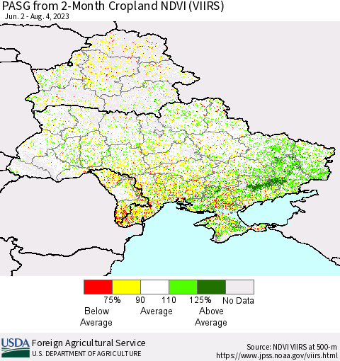 Ukraine, Moldova and Belarus PASG from 2-Month Cropland NDVI (VIIRS) Thematic Map For 8/1/2023 - 8/10/2023