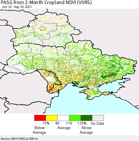 Ukraine, Moldova and Belarus PASG from 2-Month Cropland NDVI (VIIRS) Thematic Map For 8/11/2023 - 8/20/2023