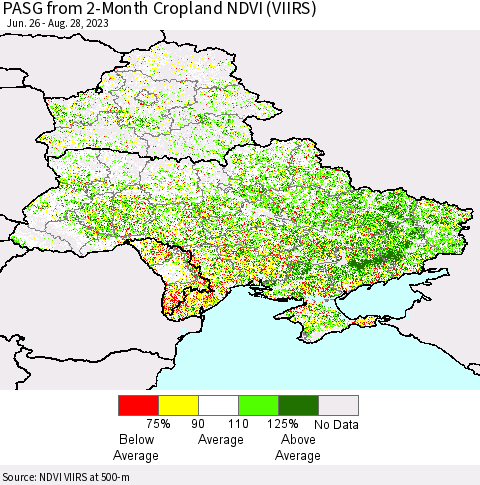 Ukraine, Moldova and Belarus PASG from 2-Month Cropland NDVI (VIIRS) Thematic Map For 8/21/2023 - 8/28/2023