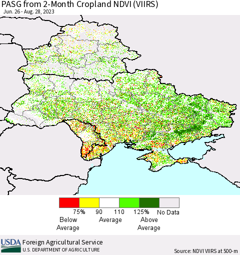 Ukraine, Moldova and Belarus PASG from 2-Month Cropland NDVI (VIIRS) Thematic Map For 8/21/2023 - 8/31/2023