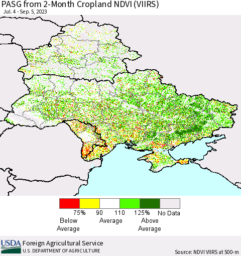 Ukraine, Moldova and Belarus PASG from 2-Month Cropland NDVI (VIIRS) Thematic Map For 9/1/2023 - 9/10/2023