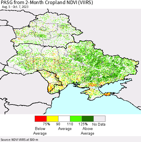 Ukraine, Moldova and Belarus PASG from 2-Month Cropland NDVI (VIIRS) Thematic Map For 9/30/2023 - 10/7/2023