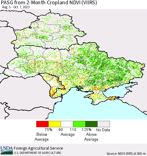 Ukraine, Moldova and Belarus PASG from 2-Month Cropland NDVI (VIIRS) Thematic Map For 10/1/2023 - 10/10/2023