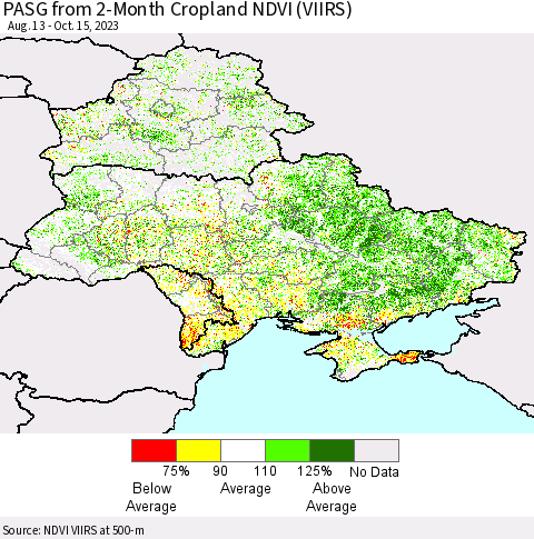Ukraine, Moldova and Belarus PASG from 2-Month Cropland NDVI (VIIRS) Thematic Map For 10/8/2023 - 10/15/2023