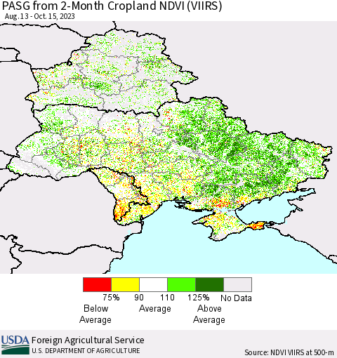 Ukraine, Moldova and Belarus PASG from 2-Month Cropland NDVI (VIIRS) Thematic Map For 10/11/2023 - 10/20/2023