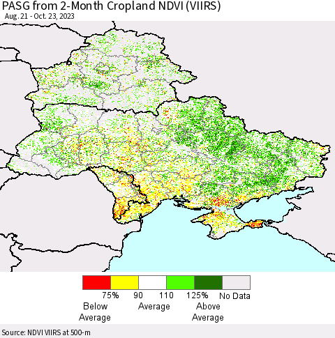 Ukraine, Moldova and Belarus PASG from 2-Month Cropland NDVI (VIIRS) Thematic Map For 10/16/2023 - 10/23/2023