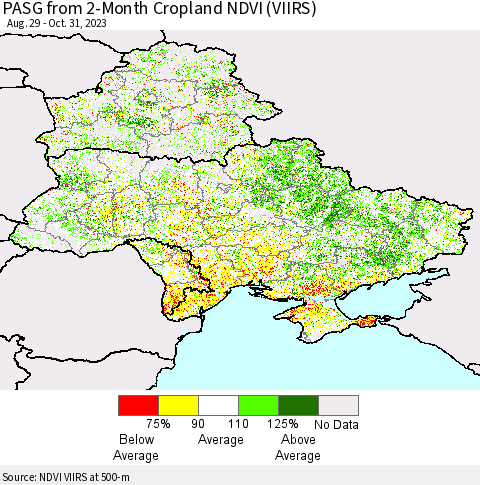 Ukraine, Moldova and Belarus PASG from 2-Month Cropland NDVI (VIIRS) Thematic Map For 10/21/2023 - 10/31/2023