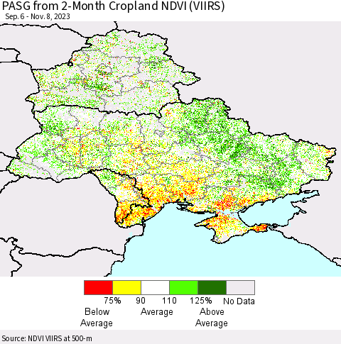 Ukraine, Moldova and Belarus PASG from 2-Month Cropland NDVI (VIIRS) Thematic Map For 11/1/2023 - 11/8/2023